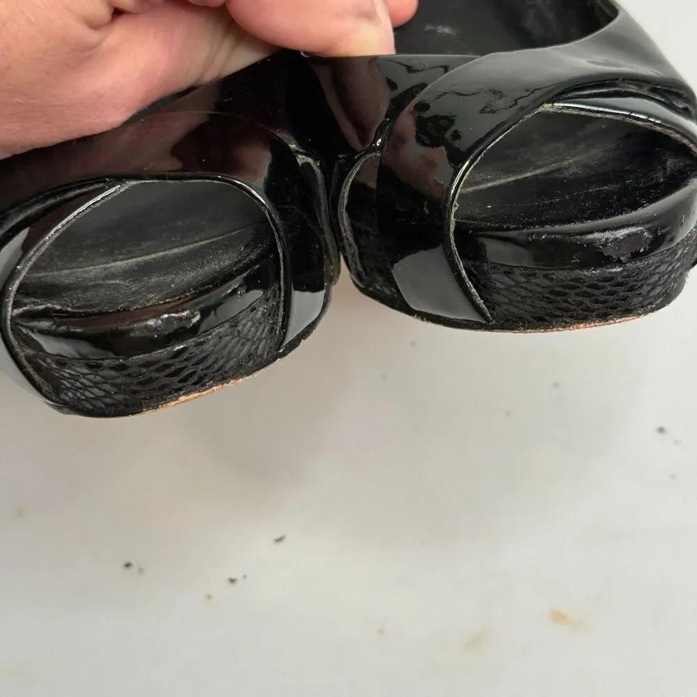 White House Black Market Black Leather Open-Toe Heel 3.5″ Size 7.5M Leather